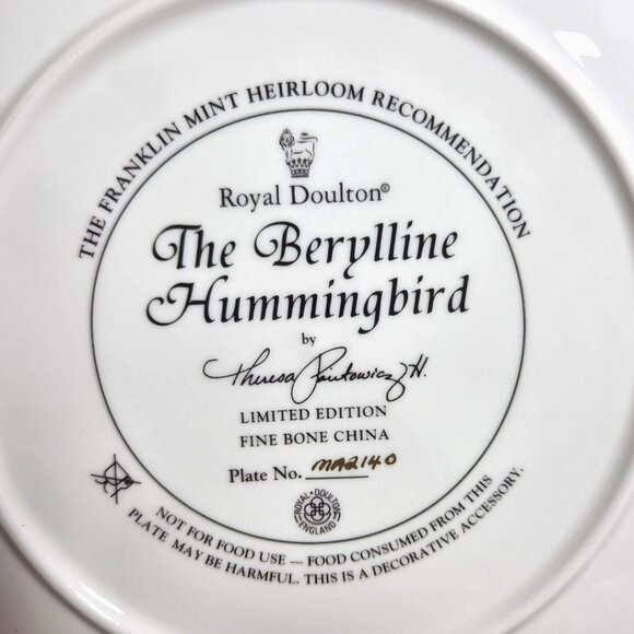 Royal Doulton The Berylline Hummingbird Signed T Politowicz LE Plate Collectible - Picture 4 of 7